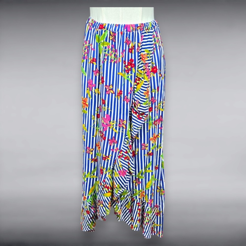 Magic Tropical Floral Stripe Faux Wrap Maxi Skirt S Resort Mediterranean Boho